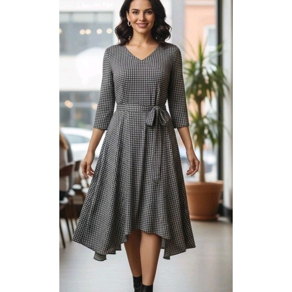 Y2K Gap Dress Womens Sz M Geometric 3/4 Sleeve Belted Flowy Tiered Stretch Black